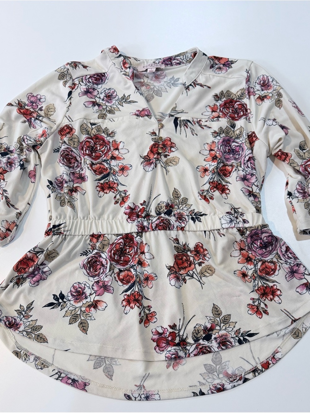 Tempted Cream Floral Surplice Peplum Top with Red and Pink Roses